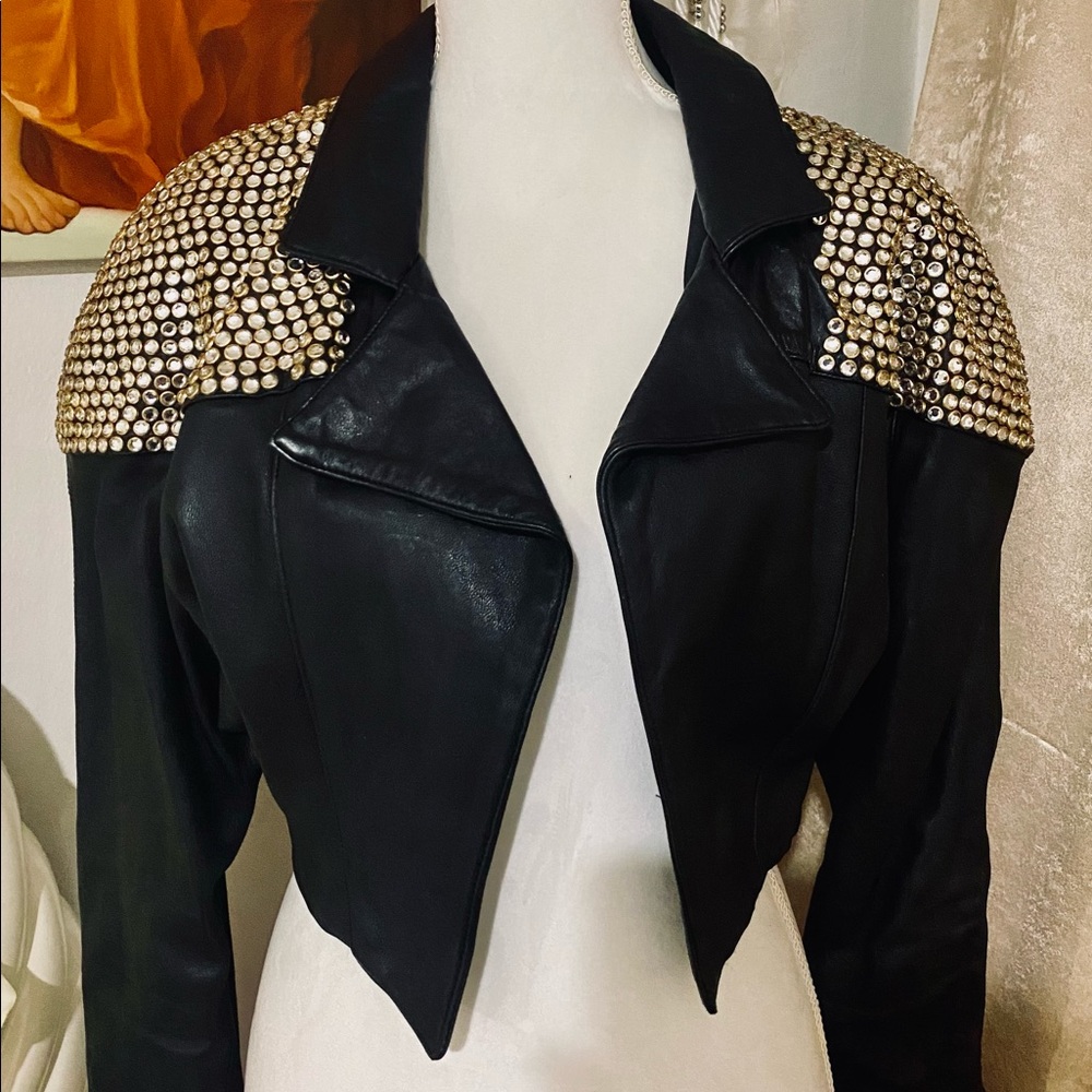 🔥Genuine Leather Cropped Rhinstones Padded Jacket Size S/M Handmade From Italy